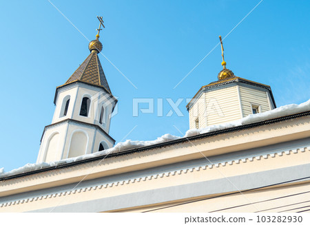 SHYMKENT, KAZAKHSTAN - JANUARY 24, 2023: Orthodox crosses on the temple in honor of the icon of the Kazan Mother of God, Kazakhstan SHYMKENT, KAZAKHSTAN - JANUARY 24, 2023: Orthodox crosses on the temple in honor of the icon of the Kazan Mother of God, Kazakhstan 103282930