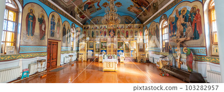 SHYMKENT, KAZAKHSTAN - JANUARY 24, 2023: Panorama of the interior of the temple in honor of the icon of the Mother of God of Kazan, Kazakhstan 103282957