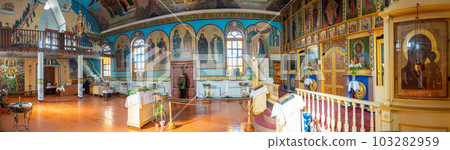 SHYMKENT, KAZAKHSTAN - JANUARY 24, 2023: Panorama of the interior of the temple in honor of the icon of the Mother of God of Kazan, Kazakhstan 103282959