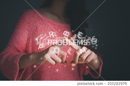 Woman crossed hands show no or stop, breaking through problems obstacles, overcoming fear and problems, positive thinking, problem solving, finding a solution. business and psychology concept. 103282976
