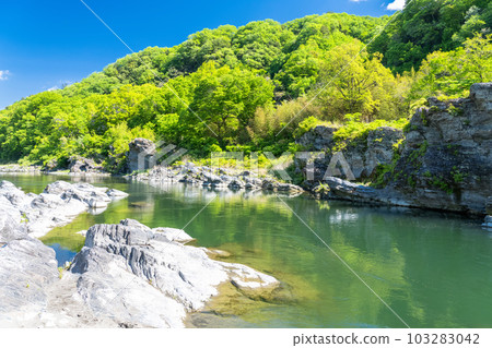 《埼玉縣》初夏的長瀞，新綠的石板路 103283042