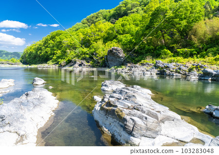 《埼玉縣》初夏的長瀞，新綠的石板路 103283048