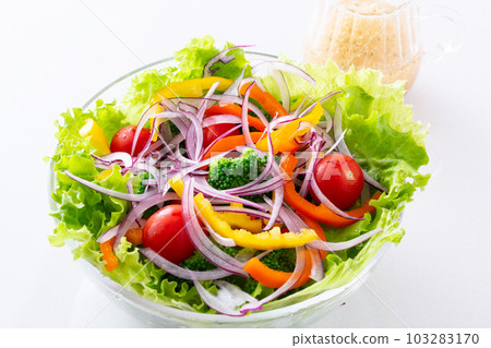 Vegetable salad and dressing on the table 103283170