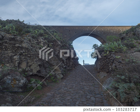 small viaduct on stone paved road to viewpoint Mirador Ermita del Santo, Arure, La Gomera, Canary Islands, Spain 103283717
