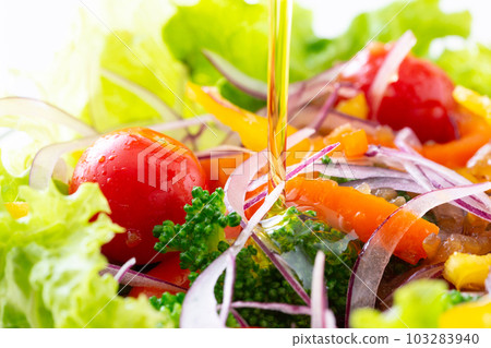 Apply olive oil to vegetable salad 103283940
