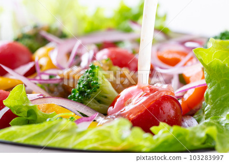 Italian dressing on vegetable salad 103283997