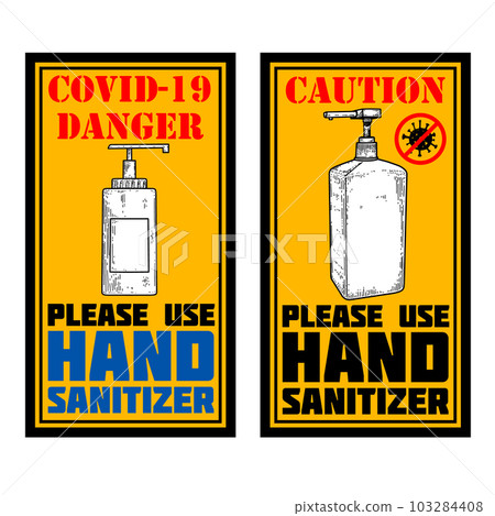 Use hand sanitizer. Emblem with hand sanitizer. Design element for emblem, badge, poster. Vector illustration 103284408