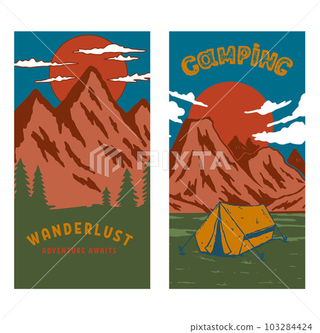 set of camping flyers with mountains. Design element for poster, card, banner, sign. Vector illustration 103284424