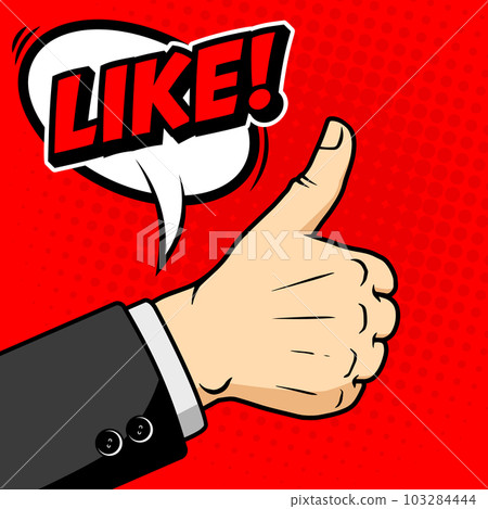 Illustration of hand with like sign in comic style. Design element for emblem, sign, poster, card, banner, flyer. Vector illustration 103284444