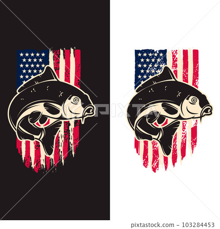 Illustration of carp fish of background of usa flag in grunge style. Design element for poster,card, banner, sign, emblem. Vector illustration 103284453