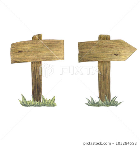 Wooden signs, shields and arrows, pointers. Watercolor illustration on white background. Hand drawn 103284558