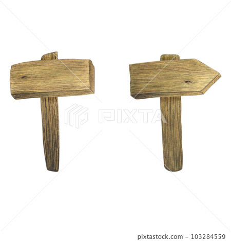 Wooden signs, shields and arrows, pointers. Watercolor illustration on white background. Hand drawn Wooden signs, shields and arrows, pointers. Watercolor illustration on white background. Hand drawn 103284559