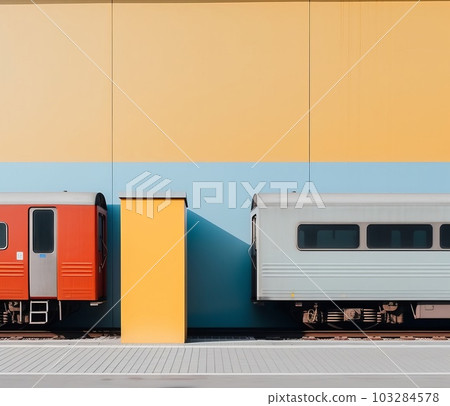 A bright train at the railway station 103284578