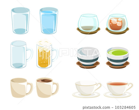 空的和裝滿的杯子、眼鏡和茶杯的圖標集 矢量圖像 103284605