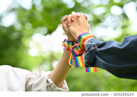 Gay couple wearing rainbow awareness wristbands holding hands. LGBTQ community, freedom, solidarity and equal rights Gay couple wearing rainbow awareness wristbands holding hands. LGBTQ community, freedom, solidarity and equal rights 103285024