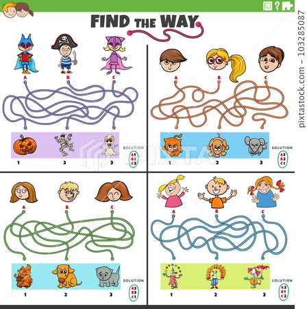 find the way maze games set with cartoon children characters 103285087
