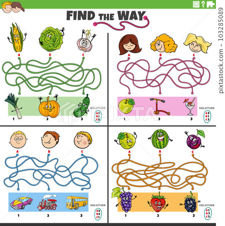 find the way maze games set with funny cartoon characters find the way maze games set with funny cartoon characters 103285089