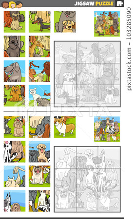 jigsaw puzzle activities set with cartoon purebred dogs 103285090
