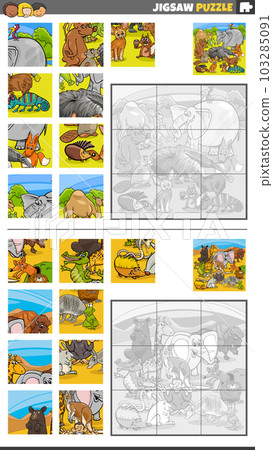 jigsaw puzzle activities set with cartoon wild animal characters 103285091