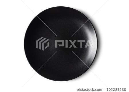 Top view of single new empty black ceramic plate isolated on white background. Top view of single new empty black ceramic plate isolated on white background. 103285288