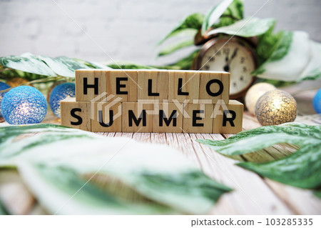 Hello Summer alphabet letter with alarm clock and Monstera leave decoration on wooden background Hello Summer alphabet letter with alarm clock and Monstera leave decoration on wooden background 103285335