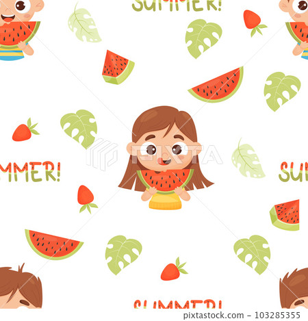 Summer seamless pattern with cute children girl and boy with watermelon on white background. Vector illustration in cartoon flat style. Funny kids collection. Summer seamless pattern with cute children girl and boy with watermelon on white background. Vector illustration in cartoon flat style. Funny kids collection. 103285355