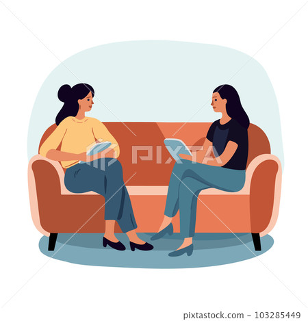 Two women dressed casually sitting on a sofa and having conversation. Vector illustration in cartoon Two women dressed casually sitting on a sofa and having conversation. Vector illustration in cartoon 103285449