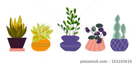 Urban jungle, trendy home decor with plants, tropical leaves in stylish planters and pots. Cartoon style 103285610