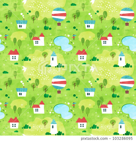 夏季城市景觀背景圖案無縫水彩風景圖 103286095