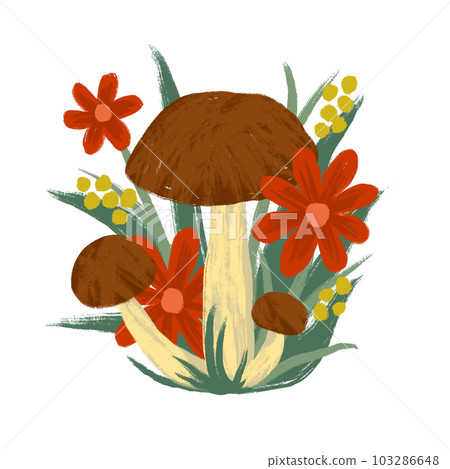 Hand drawn illustration of summer brown mushroom with grass herbs orange flowers. Fall autumn nature wood woodland forest, cute drawing fungus fungi wild poisonous edible shrooms. Hand drawn illustration of summer brown mushroom with grass herbs orange flowers. Fall autumn nature wood woodland forest, cute drawing fungus fungi wild poisonous edible shrooms. 103286648