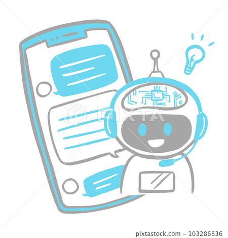 AI 聊天機器人的圖像插圖素材，其頭上有一個電子板，可通過智能手機應用程序回复 103286836