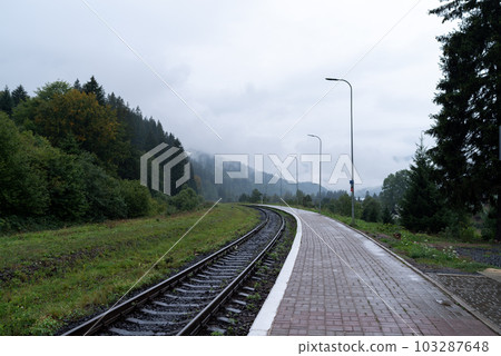 Railway station platform. Railroad leading to the mountains. Cloudy weather at the station. Street lights above the platform. Railway station platform. Railroad leading to the mountains. Cloudy weather at the station. Street lights above the platform. 103287648