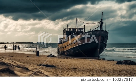 An old abandoned ship on the seashore, Generated AI 103287817