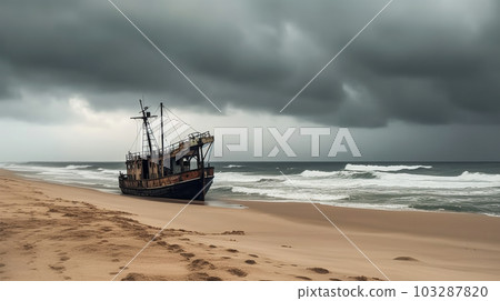 An old abandoned ship on the seashore, Generated AI An old abandoned ship on the seashore, Generated AI 103287820