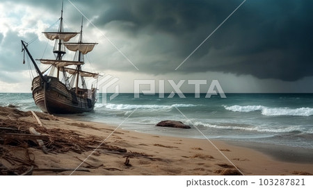 An old abandoned ship on the seashore, Generated AI An old abandoned ship on the seashore, Generated AI 103287821