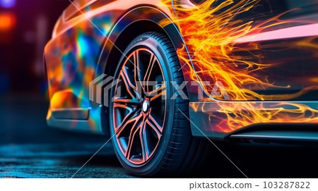 Fragment of the airbrush on the side of the car, drawing on the surface of the car, close up, to advertise auto service stations, auto racing, generated AI 103287822