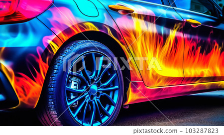 Fragment of the airbrush on the side of the car, drawing on the surface of the car, close up, to advertise auto service stations, auto racing, generated AI Fragment of the airbrush on the side of the car, drawing on the surface of the car, close up, to advertise auto service stations, auto racing, generated AI 103287823