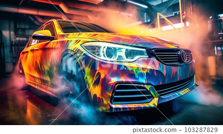 Fragment of the airbrush on the side of the car, drawing on the surface of the car, close up, to advertise auto service stations, auto racing, generated AI 103287829