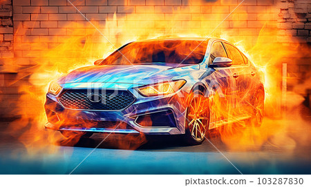 Fragment of the airbrush on the side of the car, drawing on the surface of the car, close up, to advertise auto service stations, auto racing, generated AI 103287830