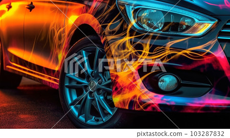 Fragment of the airbrush on the side of the car, drawing on the surface of the car, close up, to advertise auto service stations, auto racing, generated AI Fragment of the airbrush on the side of the car, drawing on the surface of the car, close up, to advertise auto service stations, auto racing, generated AI 103287832