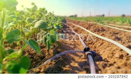 Watering plants and vegetables in the field, drip irrigation, close-up, Generated AI Watering plants and vegetables in the field, drip irrigation, close-up, Generated AI 103287842