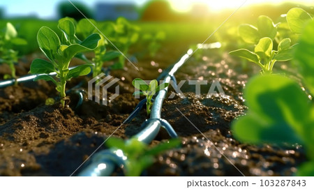 Watering plants and vegetables in the field, drip irrigation, close-up, Generated AI 103287843