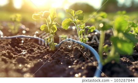 Watering plants and vegetables in the field, drip irrigation, close-up, Generated AI 103287844