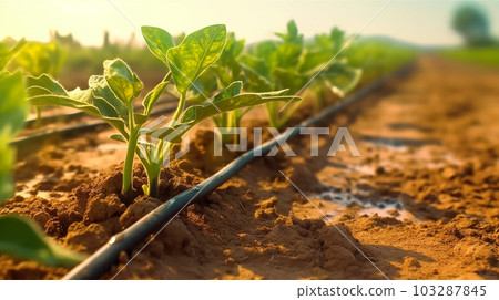 Watering plants and vegetables in the field, drip irrigation, close-up, Generated AI 103287845