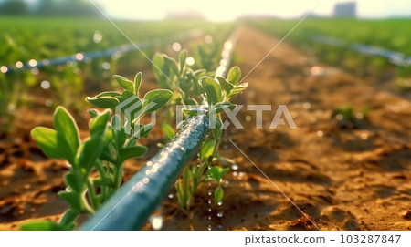 Watering plants and vegetables in the field, drip irrigation, close-up, Generated AI Watering plants and vegetables in the field, drip irrigation, close-up, Generated AI 103287847