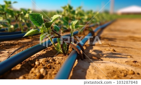 Watering plants and vegetables in the field, drip irrigation, close-up, Generated AI 103287848