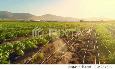 Watering plants and vegetables in the field, drip irrigation, close-up, Generated AI 103287849