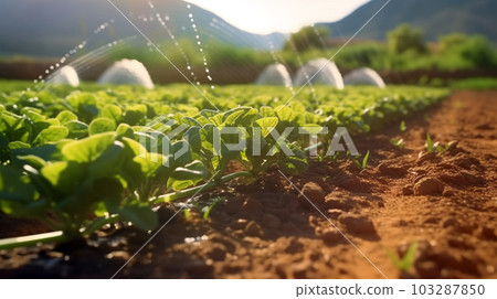 Watering plants and vegetables in the field, drip irrigation, close-up, Generated AI 103287850