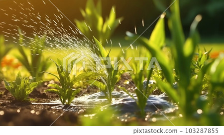 Watering plants and vegetables in the field, drip irrigation, close-up, Generated AI 103287855