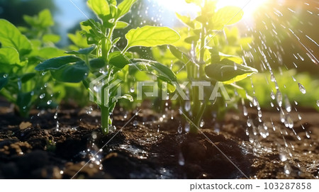 Watering plants and vegetables in the field, drip irrigation, close-up, Generated AI Watering plants and vegetables in the field, drip irrigation, close-up, Generated AI 103287858